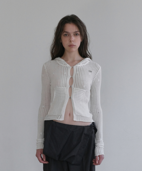 SHEER RIBBED HOODED CARDIGAN [IVORY]