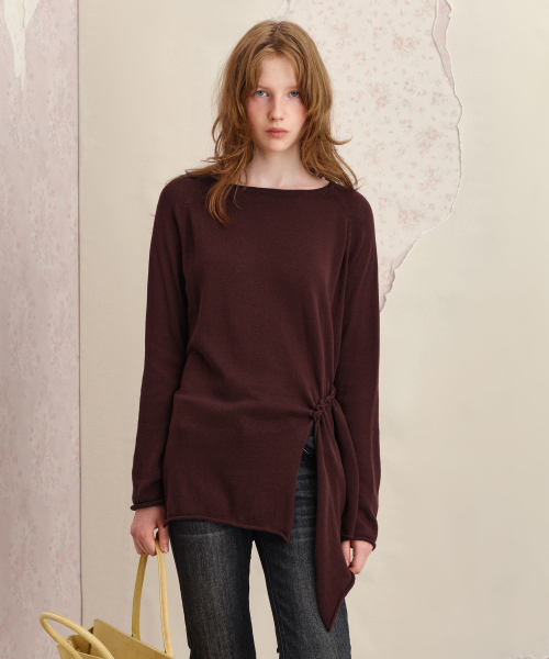 SIDE SHIRRING BOAT NECK KNIT, BROWN