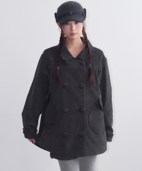 Double Button Corduroy Coat, Charcoal