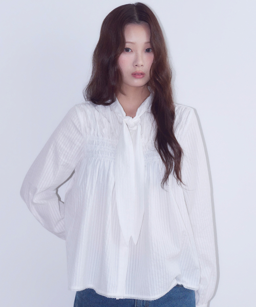 Smocked Tie Blouse, White