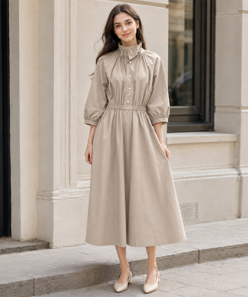 High-neck Shirring A-line Flare Long Dress (2colors)