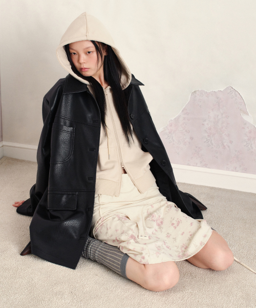 FAUX LEATHER CAR COAT, BLACK