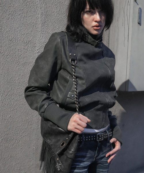 HIGH-NECK RIBBED LEATHER JACKET (CHARCOAL) F26ZA506
