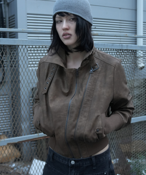 HIGH-NECK RIBBED LEATHER JACKET (BROWN) F26ZA506
