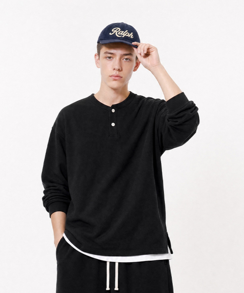 더블코튼 헨리넥 긴팔티셔츠 블랙 MMLT1595 — Main product photo