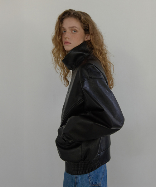 HIGH NECK LEATHER JACKET (BLACK)