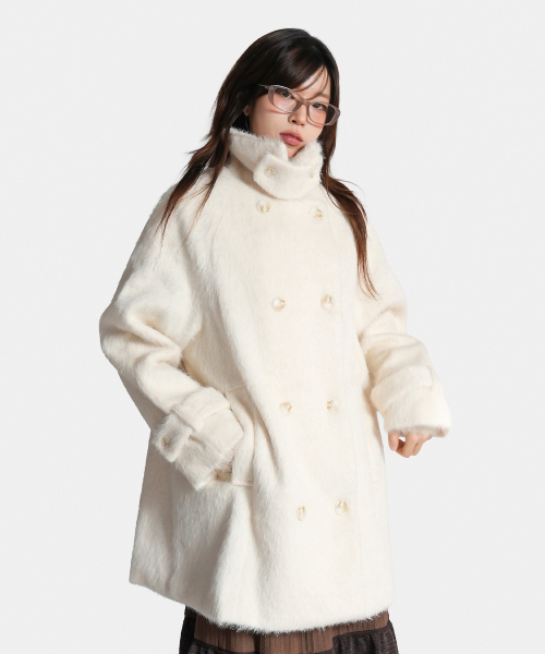 지도트 HIGH NECK DOUBLE FUR COAT IVORY