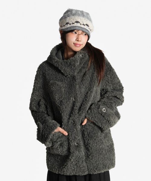 지도트 BOUCLÉ FUR HIGH NECK HOODED COAT GRAY