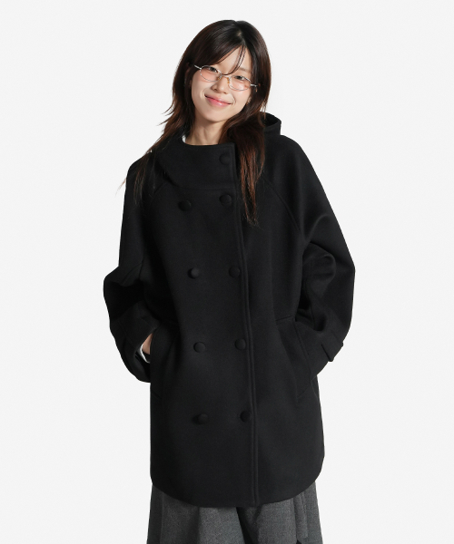 WOOL HIGH NECK DOUBLE COAT BLACK