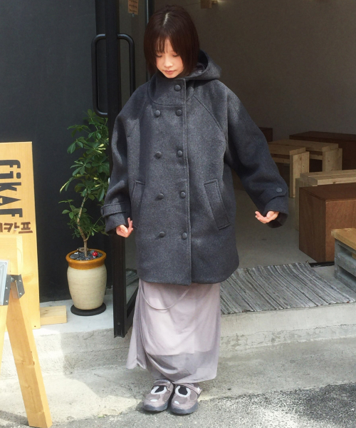 지도트 WOOL HIGH NECK DOUBLE COAT CHARCOAL