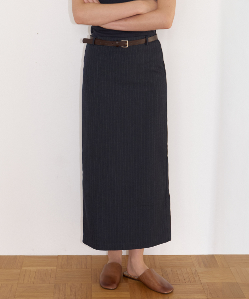 프리버07 Stripe leather belted H-line skirt [FRFA06SK01]_Navy