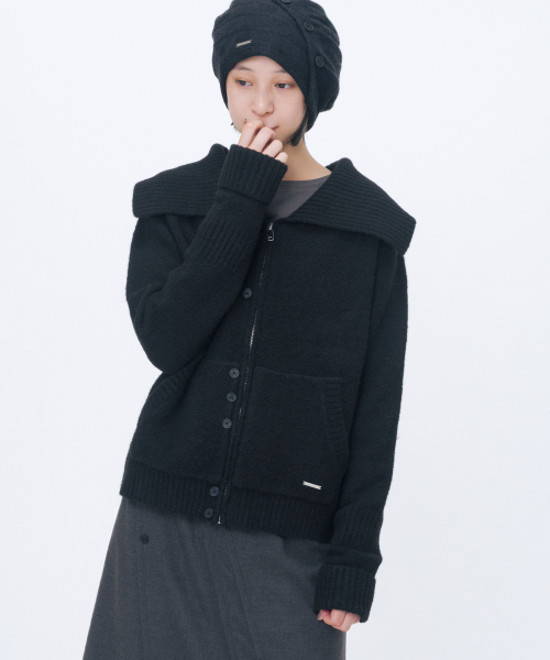 Unbalanced button knit cardigan BLACK