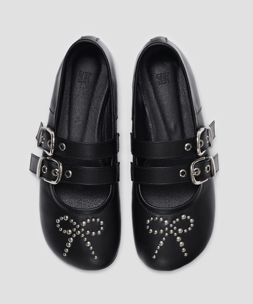 Ribbon Rivet Buckle Flats [Black]