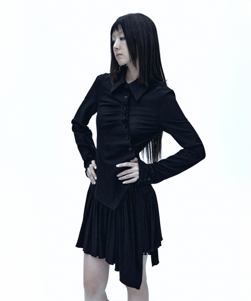 Diagonal Pleated Shirt Dress