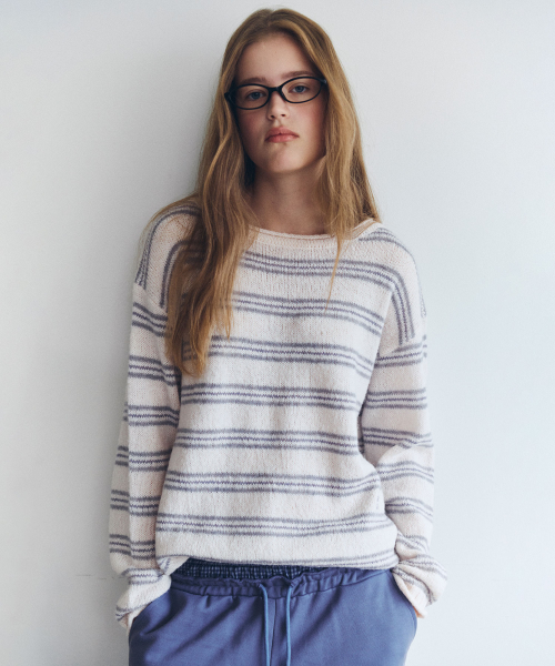 NUBASIC STRIPE BOATNECK LOOSE FIT KNIT PINK