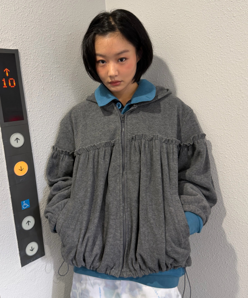 Shirred Fleece Zip Hoodie [Gray]