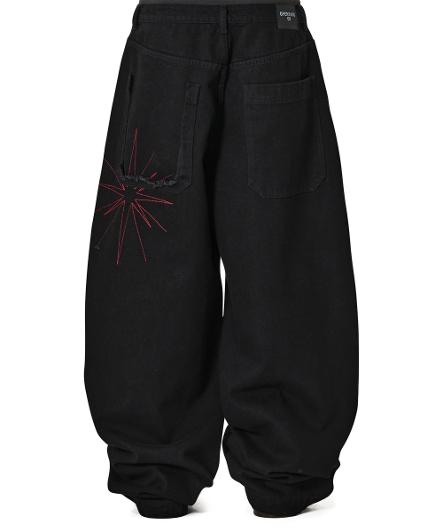 STARBURST RAW EDGE WIDE VOLUME PANTS - BLACK