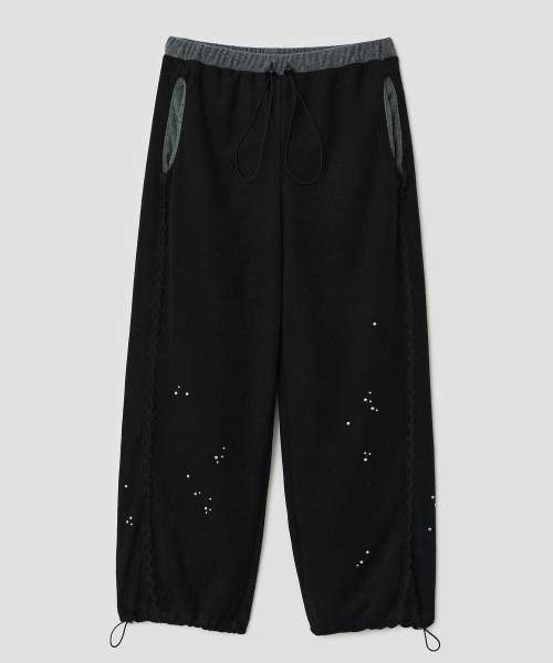 Lace Trim Hotfix Fleece Pants [Black]