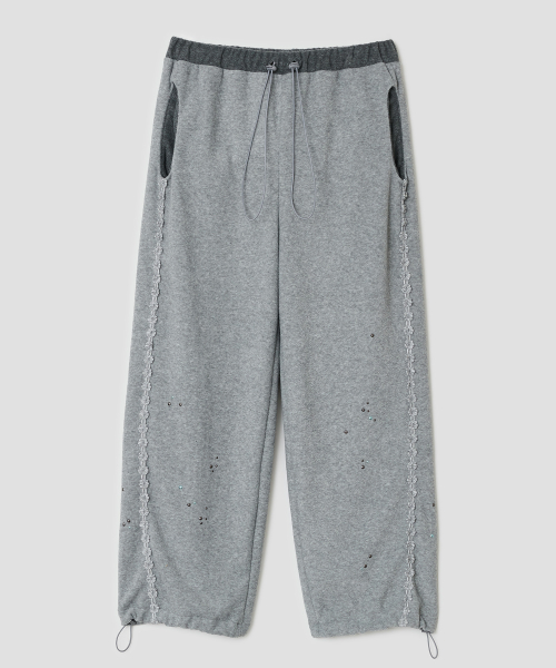 Lace Trim Hotfix Fleece Pants [Gray]