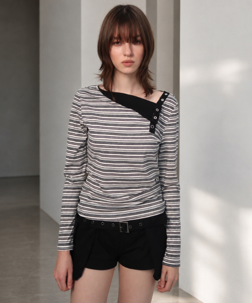 Multi-Stripe Diagonal Eyelet Detail Cotton Long-Sleeve Womens T Shirt [Black]
