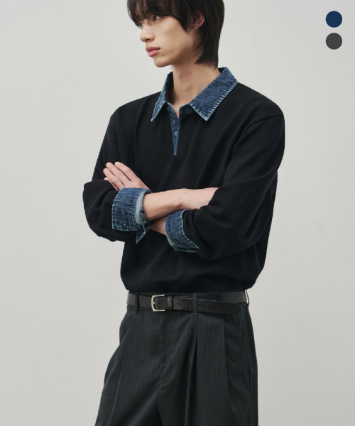 데님 레이어드 크롭 니트 풀오버 [블랙]
