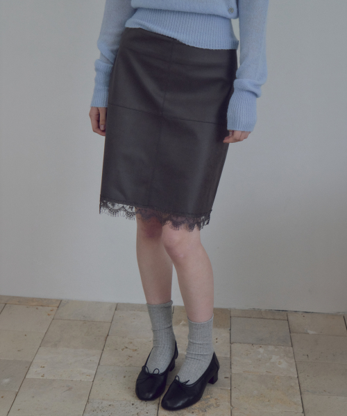 Lace Trim Leather Skirt_CTS640(Charcoal)