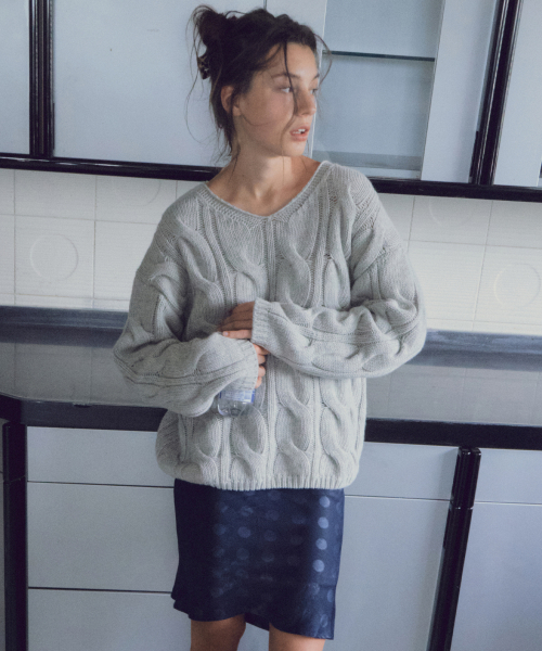 Wool Blend Cable V-Neck Knit_CTK281(Melange Grey)
