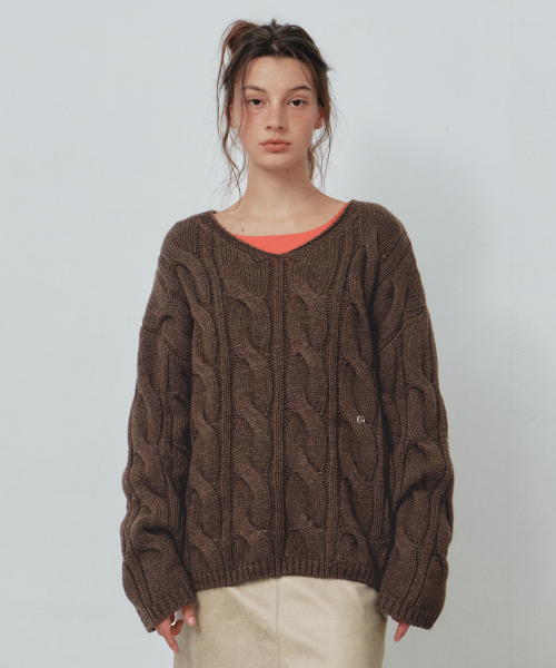 Wool Blend Cable V-Neck Knit_CTK281(Brown)
