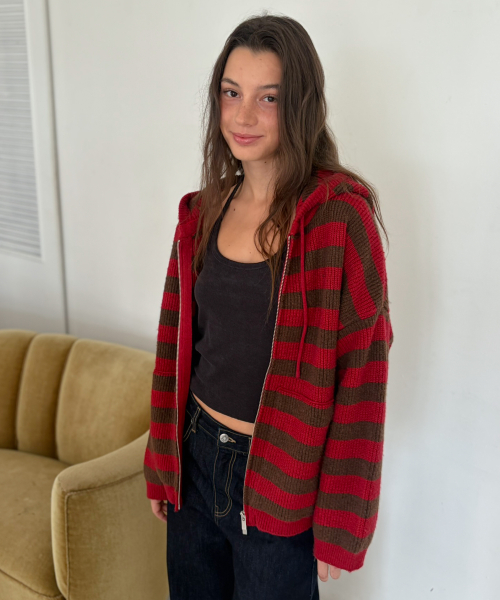 Daily Stripe Hacci Knit Hood Zip-up_CTK280(Red)