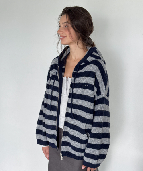 Daily Stripe Hacci Knit Hood Zip-up_CTK280(Navy)