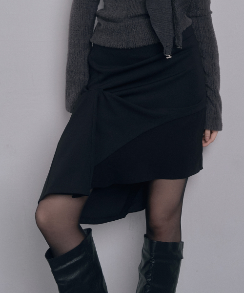 Draped Gathered Midi Skirt (Black)