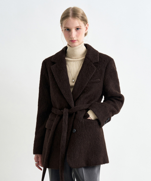 헤어리 벨티드 블레이저 코트 브라운 COWCT004BROWN