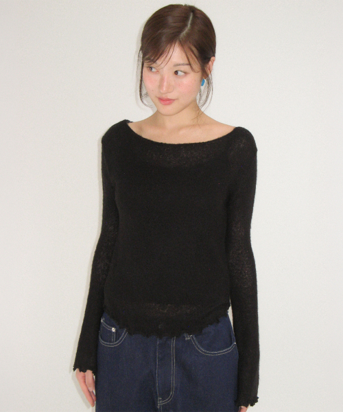 SHEER WAVY BOAT NECK KNIT BLACK