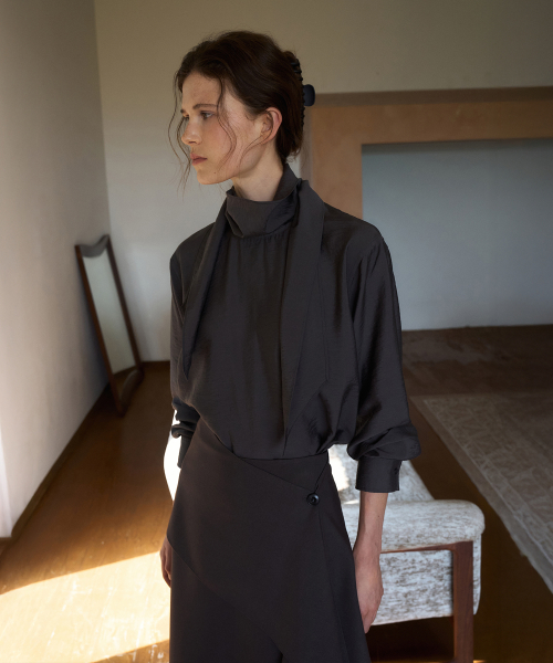 Silk Blend Tie Blouse[LMBFAUSH332]-Smoke Charcoal