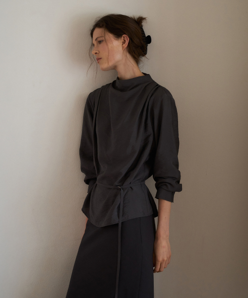 Silk Blend High Neck Drape Blouse[LMBFAUSH333]-Smoke Charcoal