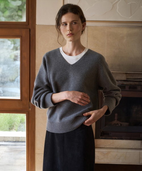 Wholegarment V-Neck Knit Top[LMBFAUKN2100]-Charcoal