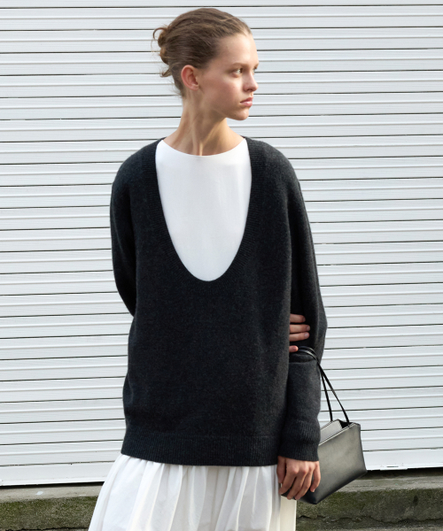 Low U-Neck Wool Knit - Charcoal — Main product photo