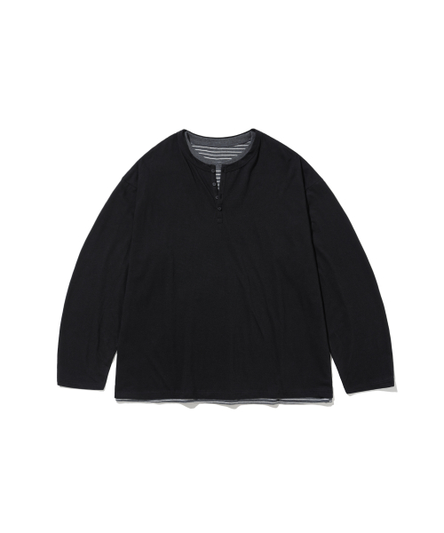 Striped Layered Henley Long Sleeve - Black