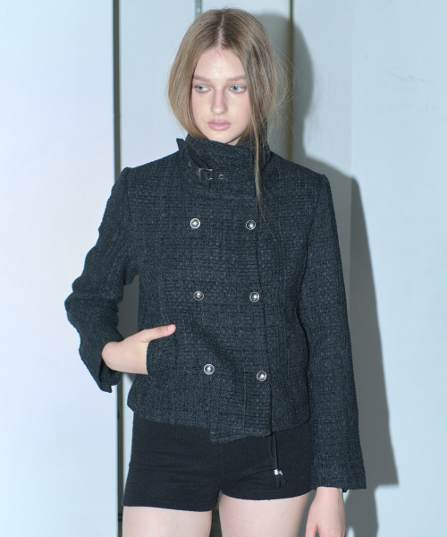 Tweed High-Neck Eyelet Belted Button-Detail Basic Short Coat Jacket [Black]