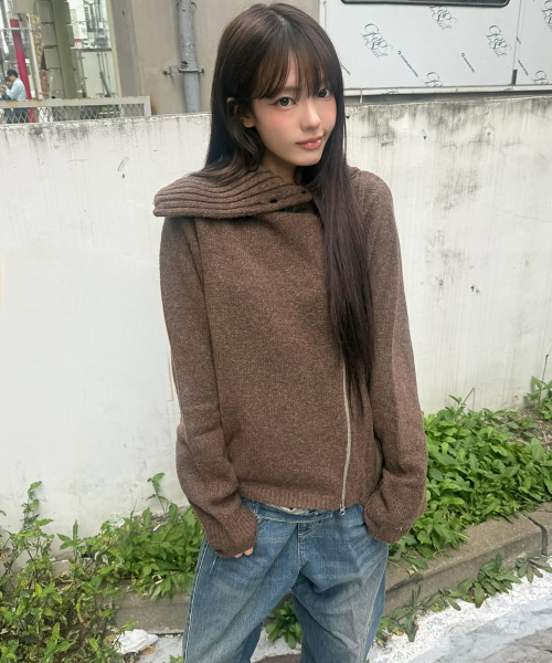 HIGH NECK KNIT ZIP UP [BROWN]