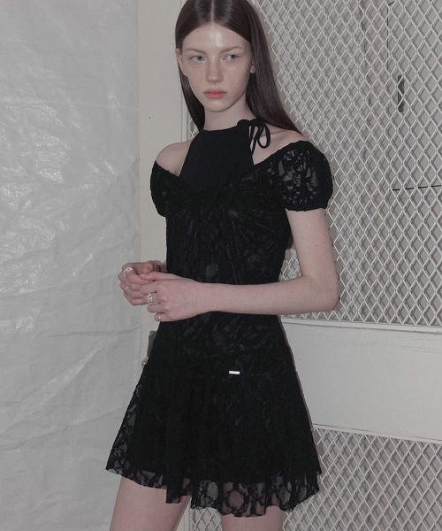 Sheer Lace Shirred Two-Way Mini One-Piece_Black