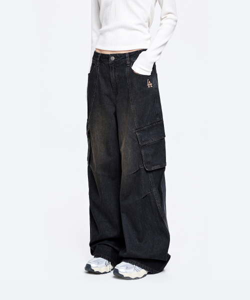 엠엘비 여성 바시티 빈티지 카고 메가 와이드 데님팬츠 LA (Black)