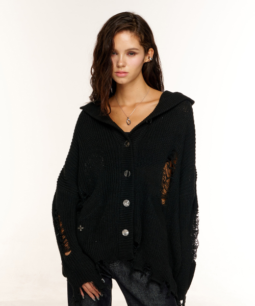 GRUNGE HOOD CARDIGAN (BLACK)