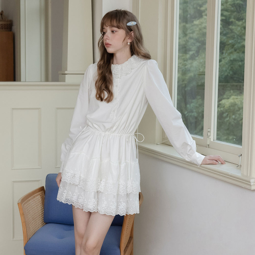 Cest_Lace trim long sleeve dress