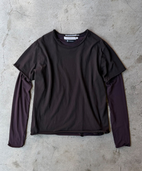 [2Pcs SET] Raw-Edge Short and Long-Sleeve [Dark Plum)