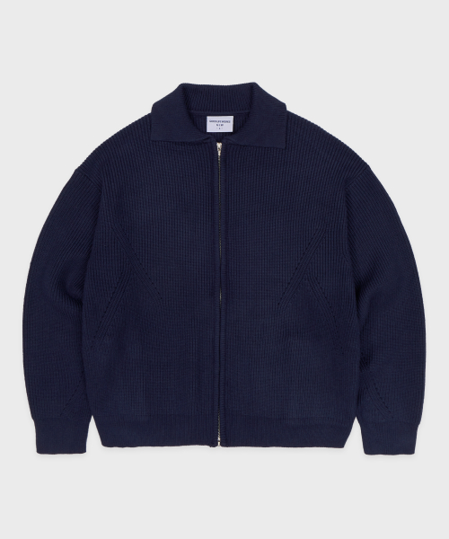 Essential Two-Way Collar Hacci Knit Zip-Up Navy