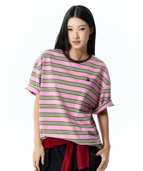 SMALL CHERRY STRIPE T-SHIRT(PINK)