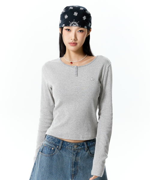 SMALL CHERRY HENLEY NECK STRIPE LONG SLEEVE(MELANGE GRAY)