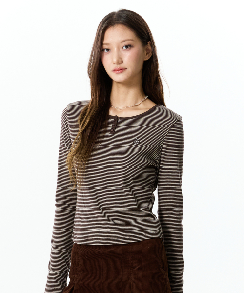 SMALL CHERRY HENLEY NECK STRIPE LONG SLEEVE(BROWN)