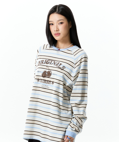 CHERRY GRAPHIC LOOSE-FIT STRIPE LONG SLEEVE(SKY)